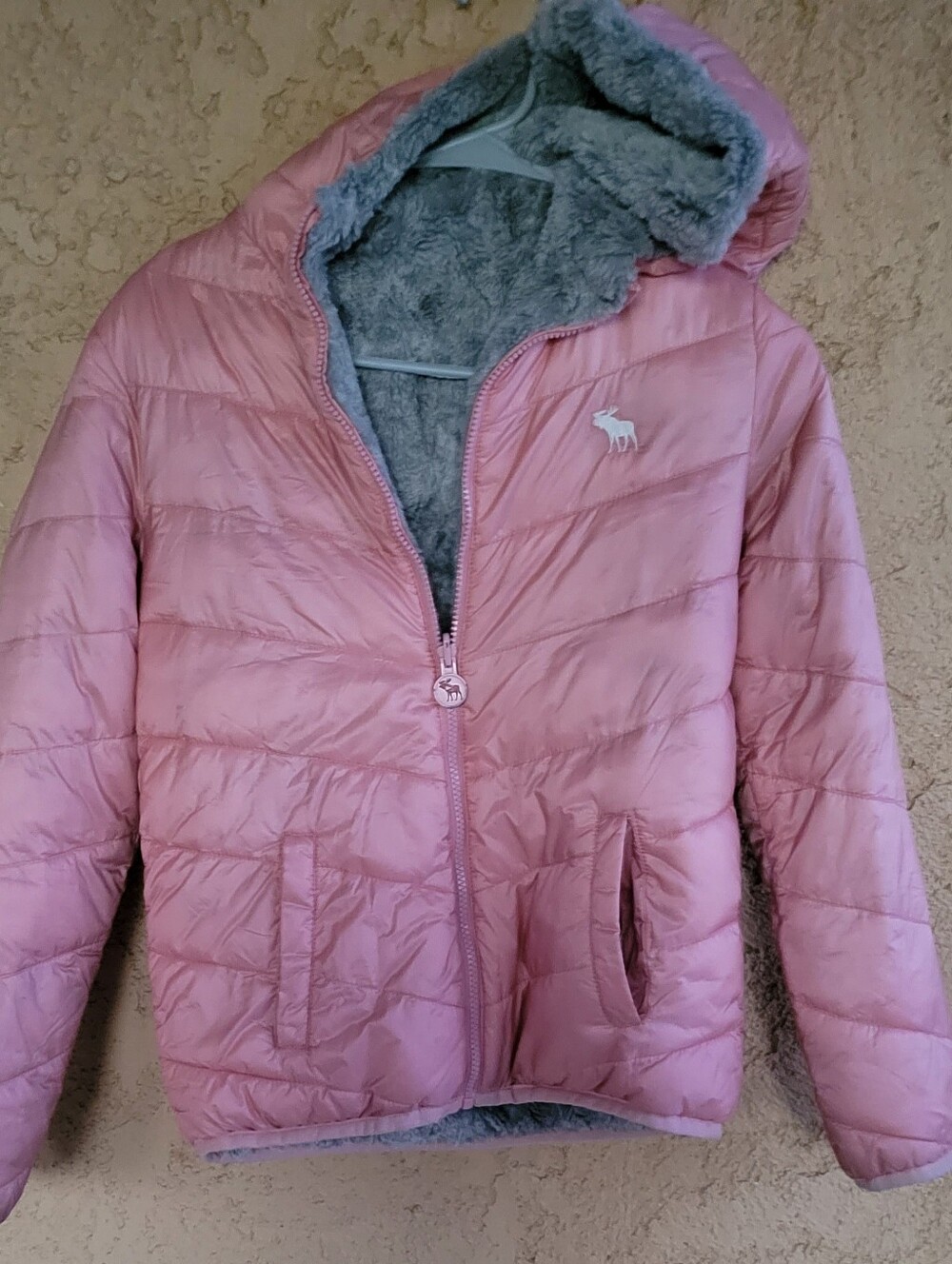 Abercrombie kids Pink Quilted Hooded Puffer Jacket with Faux Fur Trim